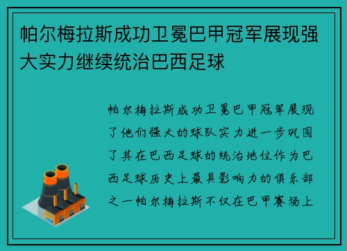 帕尔梅拉斯成功卫冕巴甲冠军展现强大实力继续统治巴西足球 帕尔梅拉斯成功卫冕巴甲冠军展现强大实力继续统治巴西足球