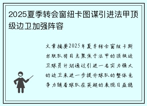 2025夏季转会窗纽卡图谋引进法甲顶级边卫加强阵容