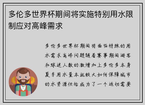 多伦多世界杯期间将实施特别用水限制应对高峰需求