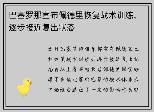巴塞罗那宣布佩德里恢复战术训练，逐步接近复出状态