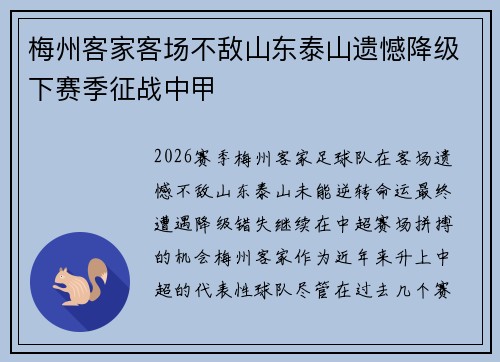 梅州客家客场不敌山东泰山遗憾降级下赛季征战中甲 梅州客家客场不敌山东泰山遗憾降级下赛季征战中甲